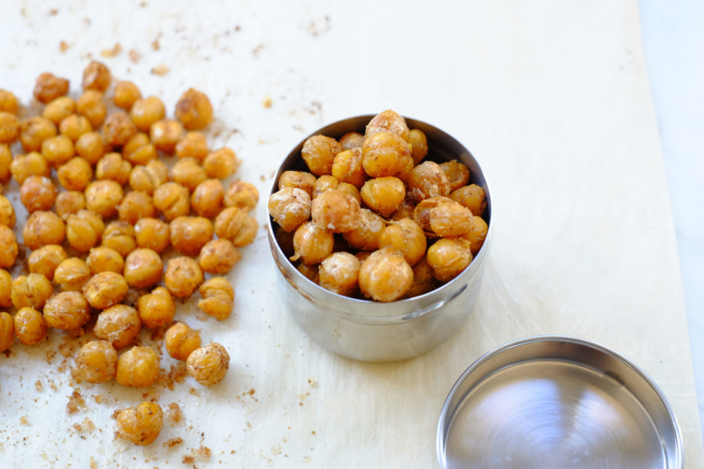 Cripy chickpeas in a metal bowl.